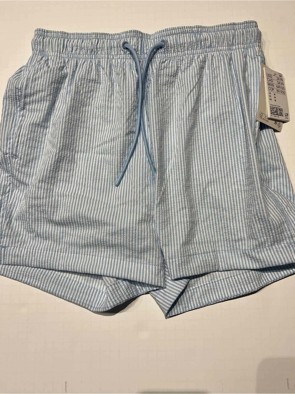 Men’s Light Blue Seersucker Drawstring Swim trunks